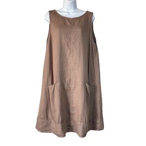 Pure Match USA Linen Dress Size Large Dark Tan Sleeveless Pockets Minimalist